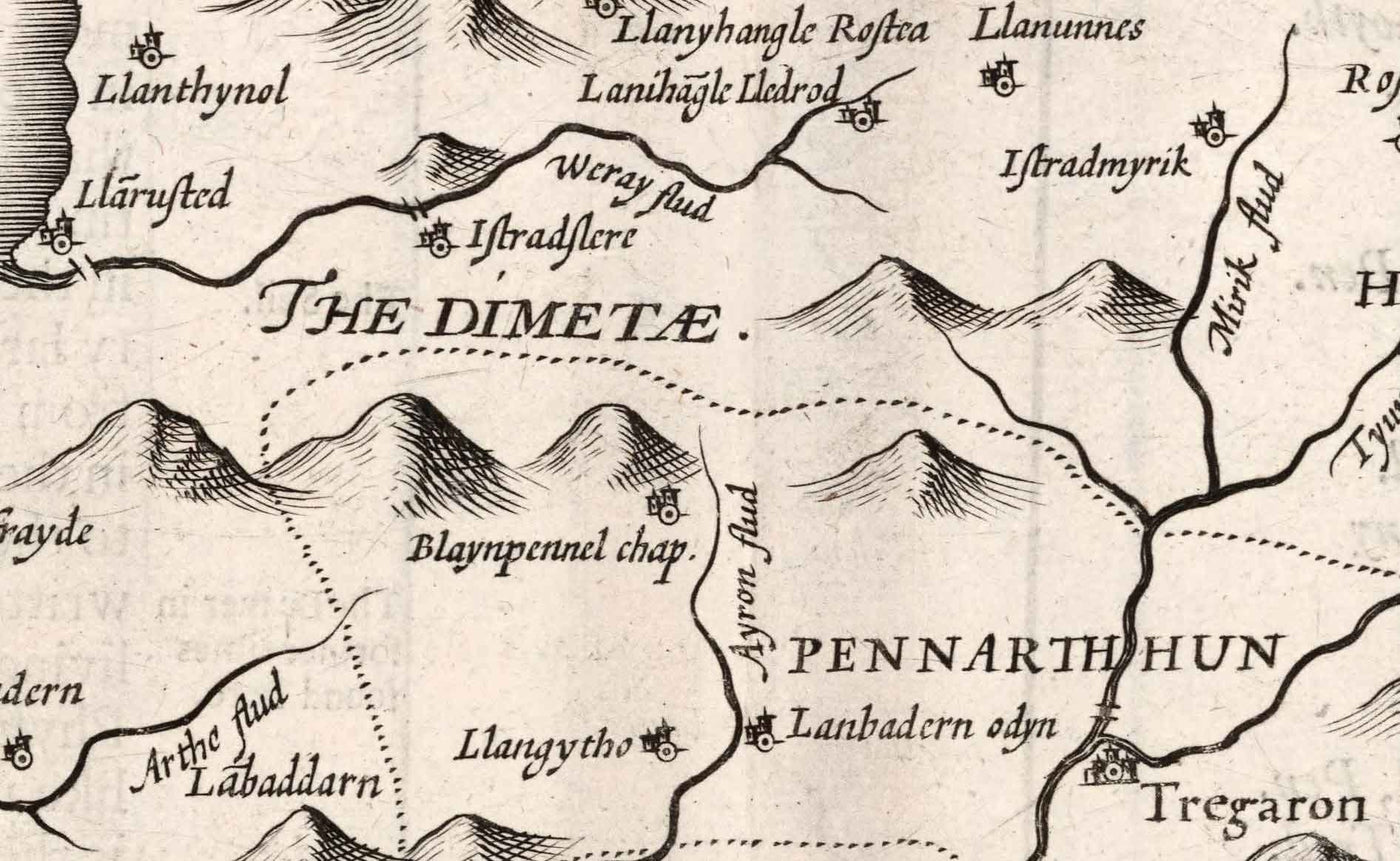 Old Monochrome Map of Ceredigion, Wales, 1611 by John Speed - Aberystwyth, Cardigan, Aberporth, Aberarth