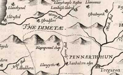 Old Monochrome Map of Ceredigion, Wales, 1611 by John Speed - Aberystwyth, Cardigan, Aberporth, Aberarth
