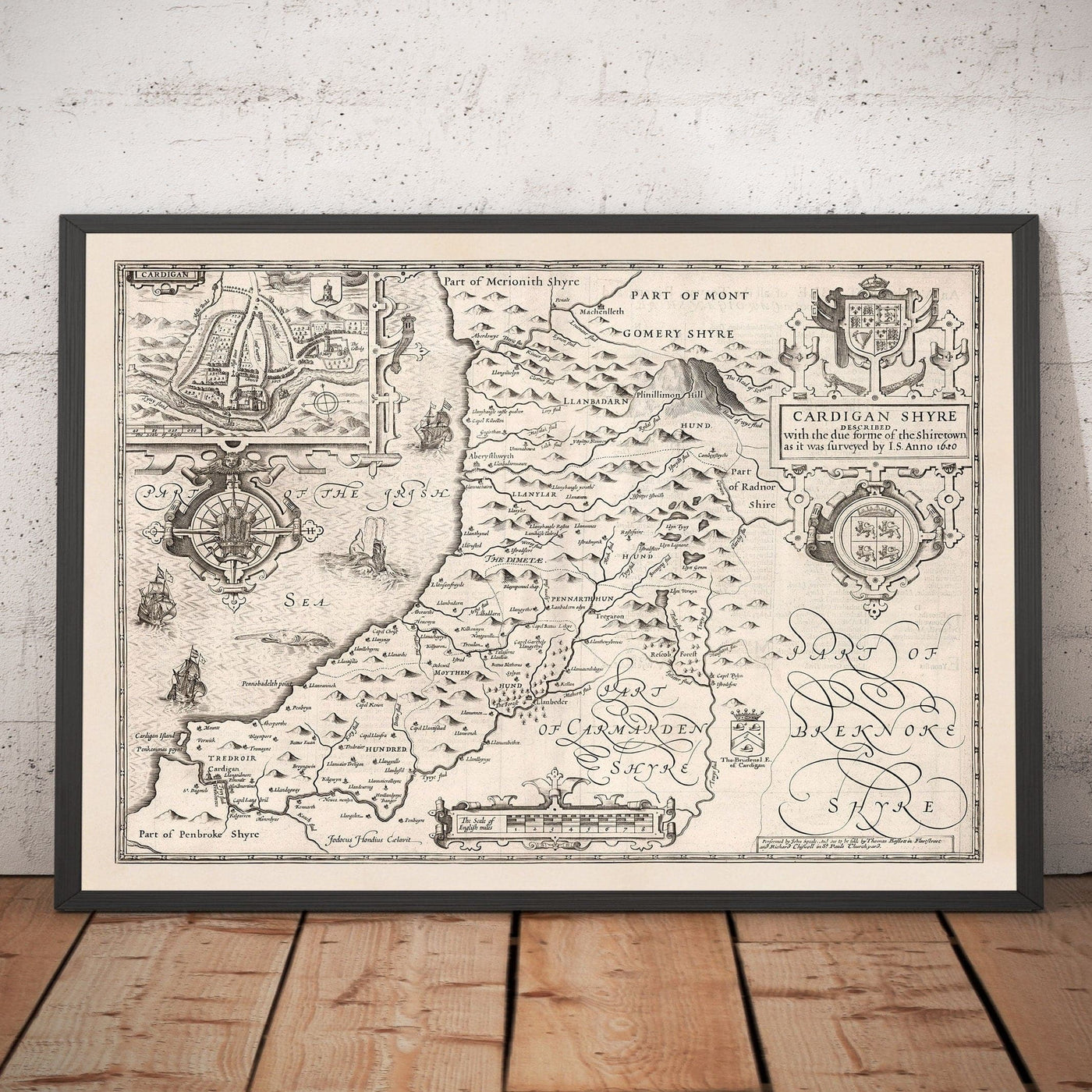 Old Monochrome Map of Ceredigion, Wales, 1611 by John Speed - Aberystwyth, Cardigan, Aberporth, Aberarth