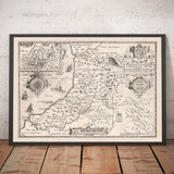 Old Monochrome Map of Ceredigion, Wales, 1611 by John Speed - Aberystwyth, Cardigan, Aberporth, Aberarth