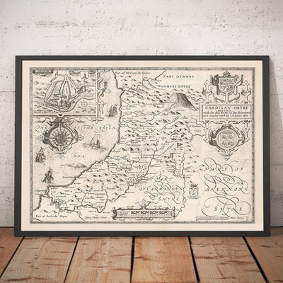 Old Monochrome Map of Ceredigion, Wales, 1611 by John Speed - Aberystwyth, Cardigan, Aberporth, Aberarth