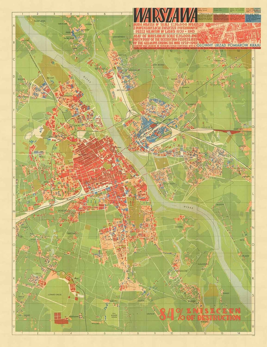 Old Map of the Nazi Destruction of Warsaw, 1949 - Censored Soviet WW2 Chart - Old Town, Ghetto, Muranow, Praga