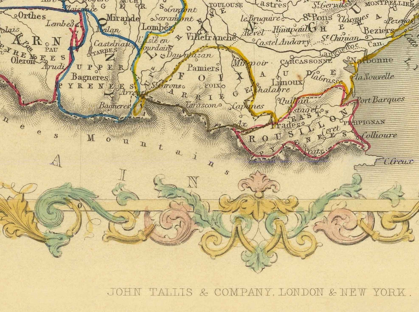 Mapa antiguo de Francia, 1851 por Tallis & Rapkin - París, Calais, Toulouse, Niza, Burdeos, Departamentos y Condados