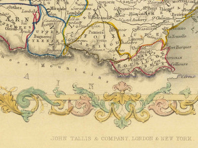 Mapa antiguo de Francia, 1851 por Tallis & Rapkin - París, Calais, Toulouse, Niza, Burdeos, Departamentos y Condados
