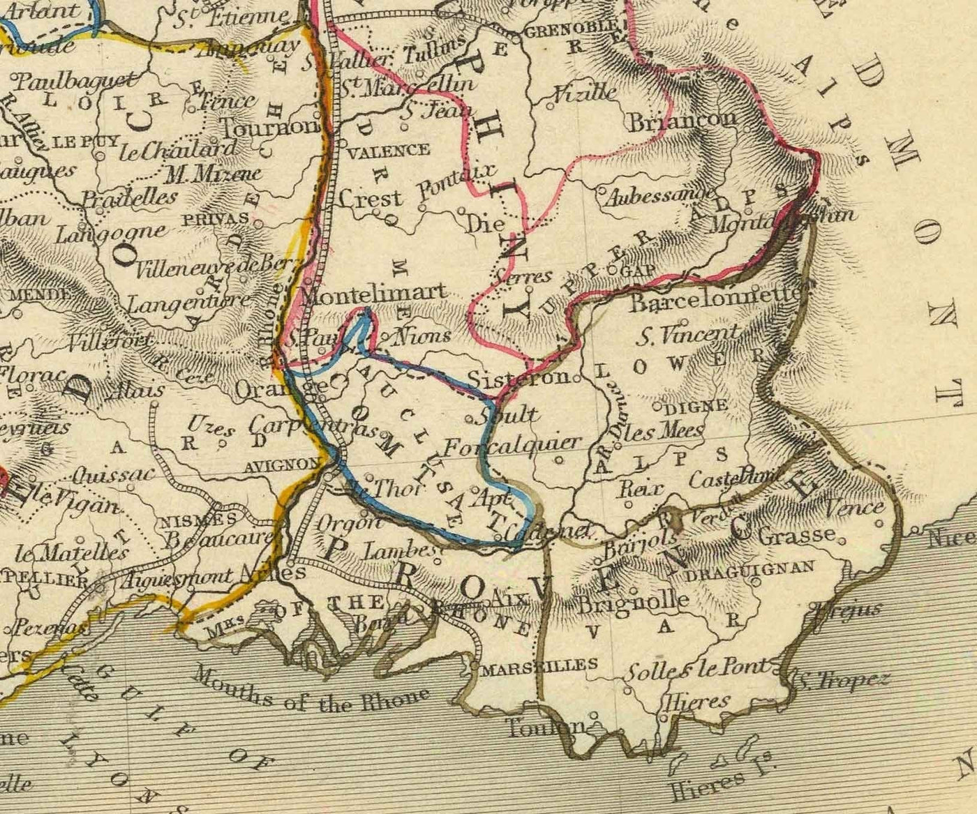 Mapa antiguo de Francia, 1851 por Tallis & Rapkin - París, Calais, Toulouse, Niza, Burdeos, Departamentos y Condados