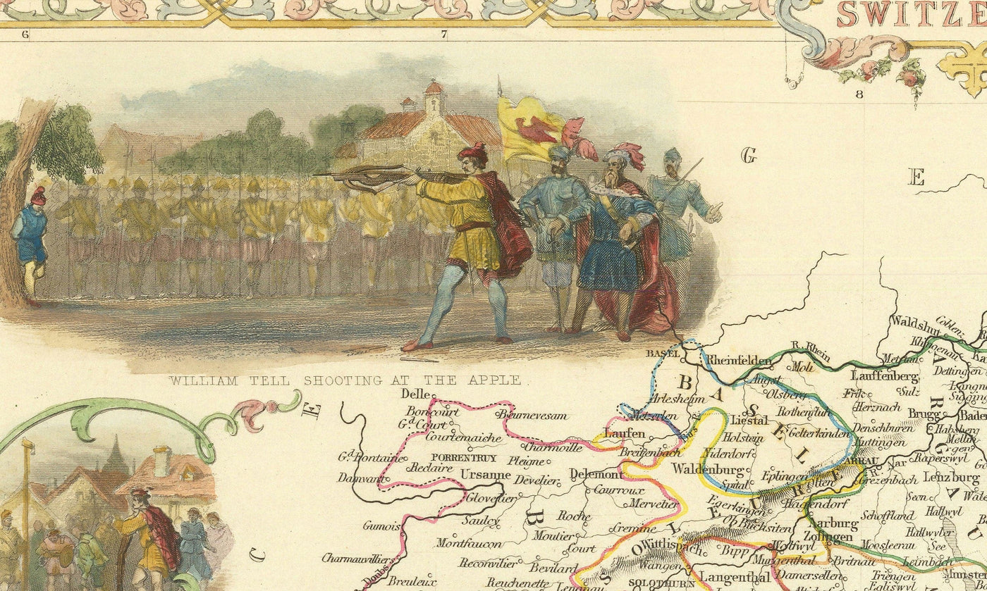Antiguo mapa coloreado a mano de Suiza, 1851 - Berna, Zúrich, Cantones, Ginebra, Lagos, Zermatt, Guillermo Tell