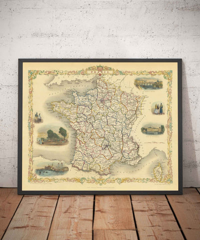 Mapa antiguo de Francia, 1851 por Tallis & Rapkin - París, Calais, Toulouse, Niza, Burdeos, Departamentos y Condados