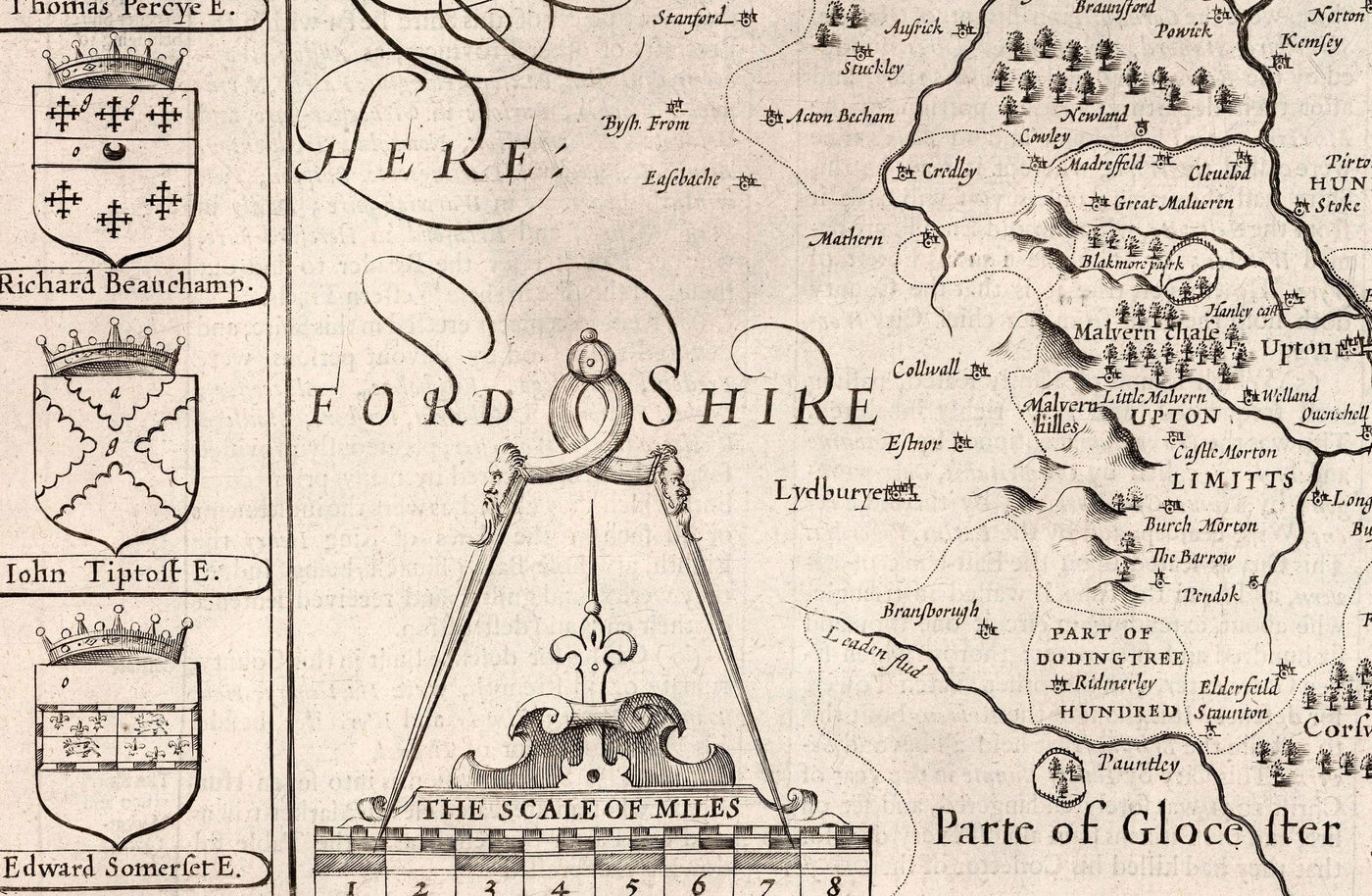 Antiguo mapa monocromo de Worcestershire, 1611 por John Speed - Worcester, Bromsgrove, Kidderminster, Malvern, Droitwich
