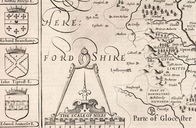 Antiguo mapa monocromo de Worcestershire, 1611 por John Speed - Worcester, Bromsgrove, Kidderminster, Malvern, Droitwich