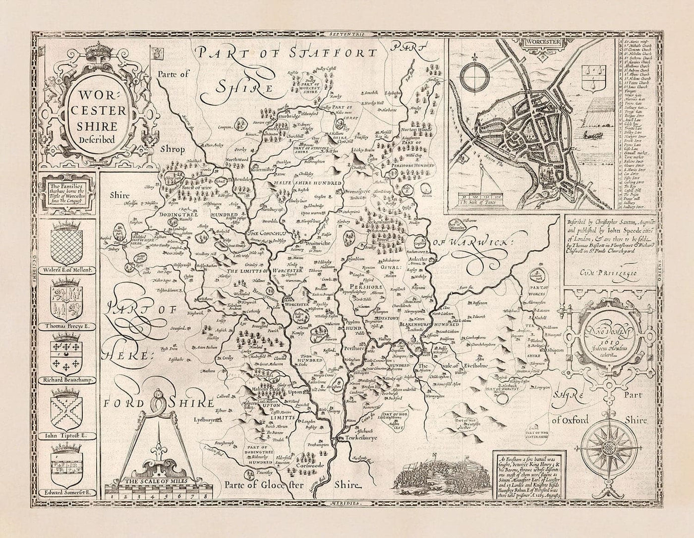 Antiguo mapa monocromo de Worcestershire, 1611 por John Speed - Worcester, Bromsgrove, Kidderminster, Malvern, Droitwich