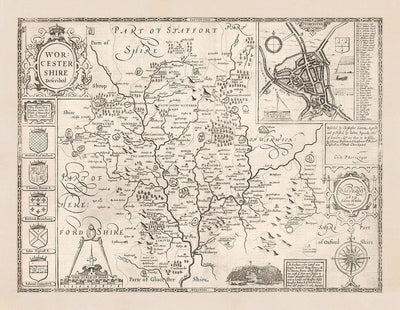 Antiguo mapa monocromo de Worcestershire, 1611 por John Speed - Worcester, Bromsgrove, Kidderminster, Malvern, Droitwich