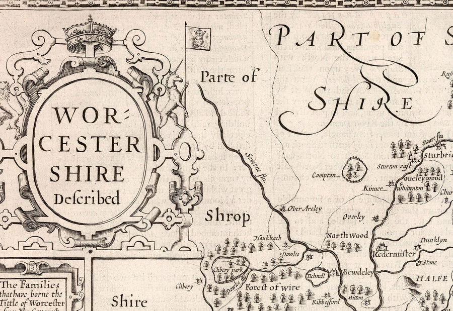 Old monochrome Carte of Worcestershire, 1611 par John Speed ​​- Worcester, Bromsgrove, Kidderminster, Malvern, Droitwich