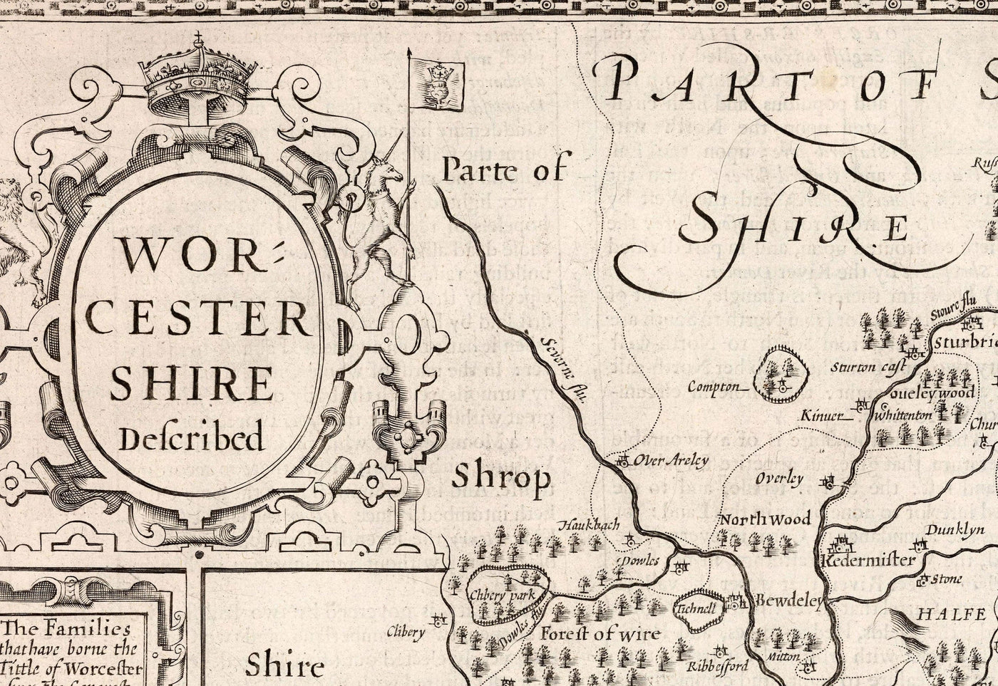Antiguo mapa monocromo de Worcestershire, 1611 por John Speed - Worcester, Bromsgrove, Kidderminster, Malvern, Droitwich