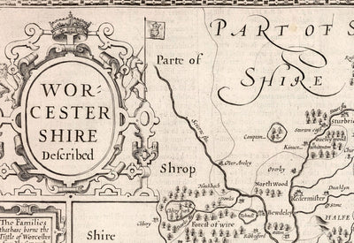 Antiguo mapa monocromo de Worcestershire, 1611 por John Speed - Worcester, Bromsgrove, Kidderminster, Malvern, Droitwich