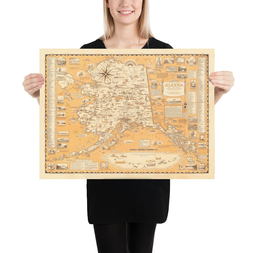 Alte bildliche Karte von Alaska, USA von E. Chase, 1958 - Anchorage, Bären, Goldminen, Städte, Berge usw. 