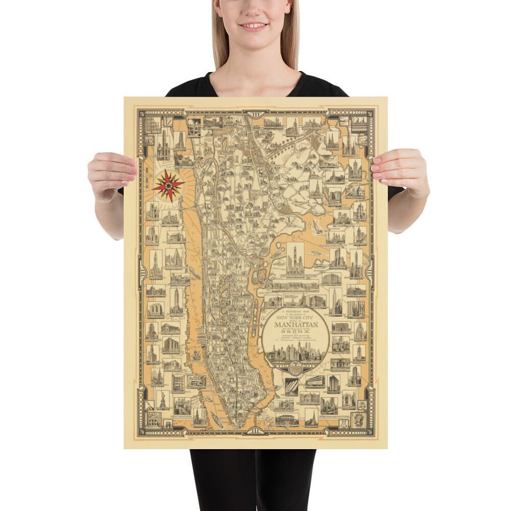 Old Pictorial Map of Manhattan & the Bronx, 1939 par E. Chase - Merrassement, gratte-ciel, River Hudson
