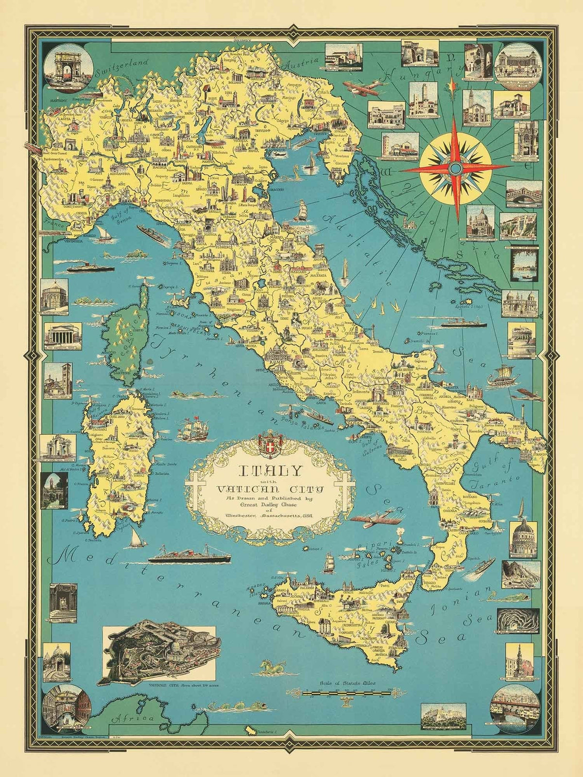 Old Pictorial Map of Italy, 1935 by E. Chase - Illustrated Landmarks, Vatican, Venice, Florence, Rome, Sardinia