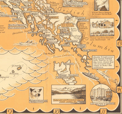 Alte bildliche Karte von Alaska, USA von E. Chase, 1958 - Anchorage, Bären, Goldminen, Städte, Berge usw. 