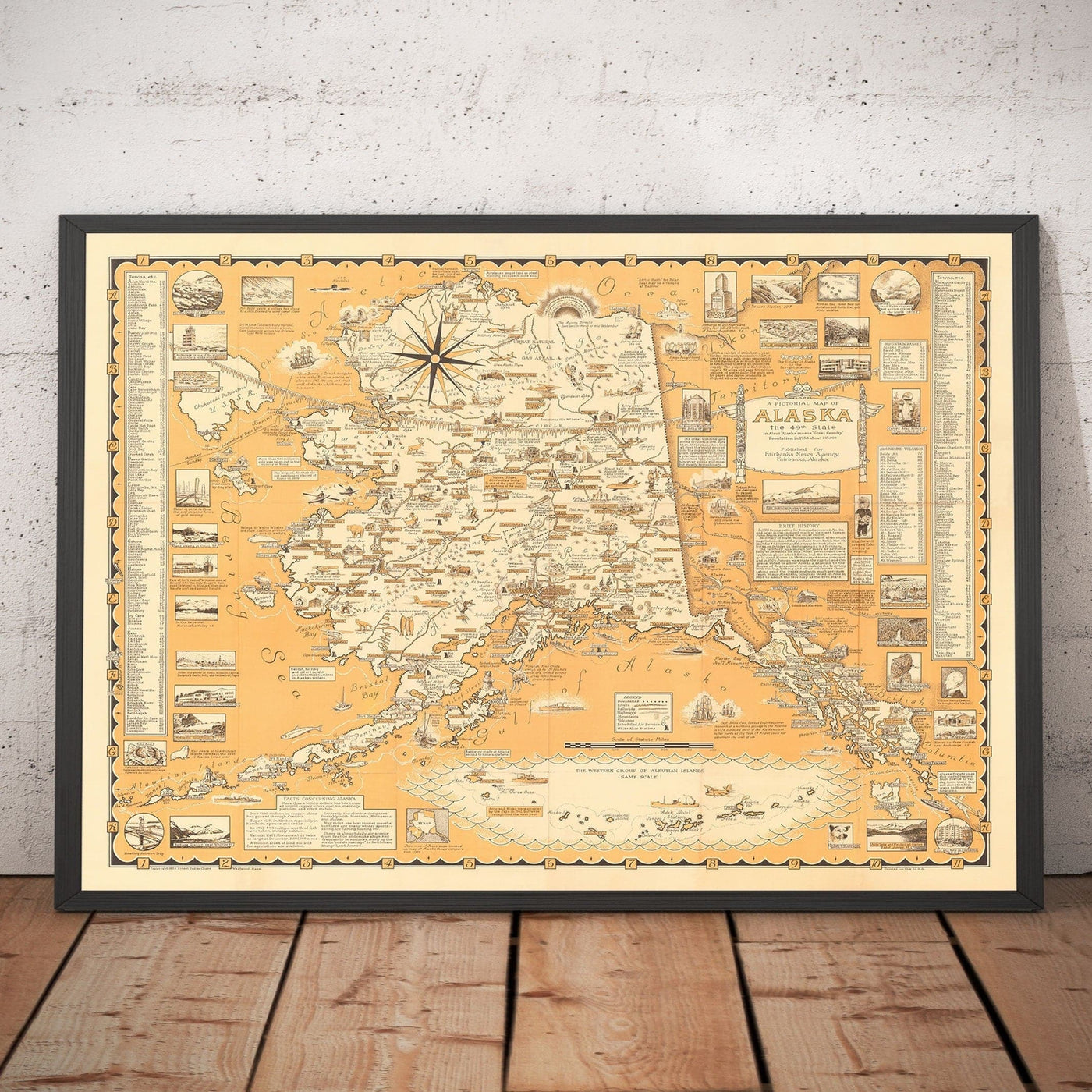 Alte bildliche Karte von Alaska, USA von E. Chase, 1958 - Anchorage, Bären, Goldminen, Städte, Berge usw. 