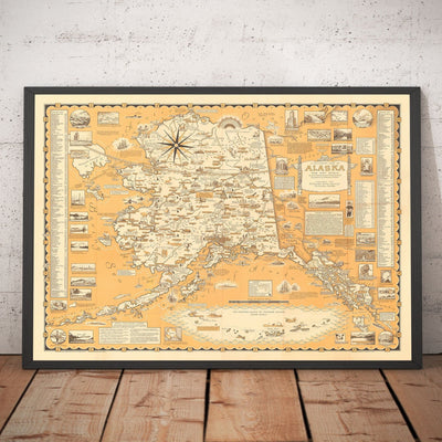 Alte bildliche Karte von Alaska, USA von E. Chase, 1958 - Anchorage, Bären, Goldminen, Städte, Berge usw. 