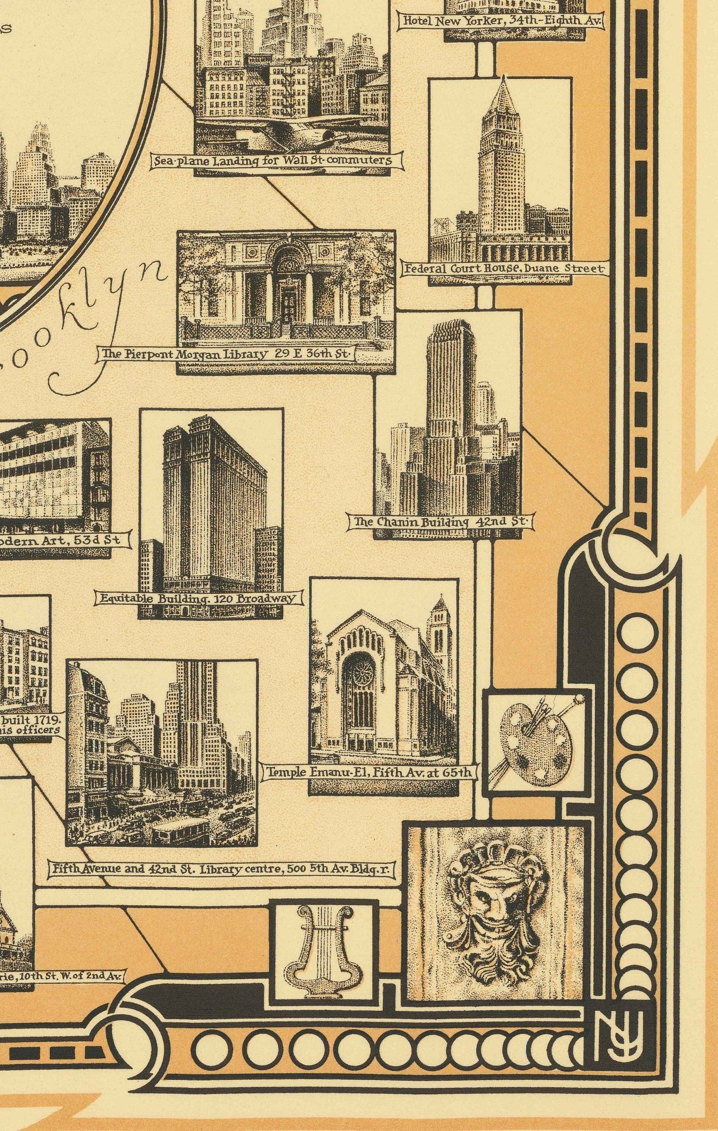 Old Pictorial Map of Manhattan & the Bronx, 1939 par E. Chase - Merrassement, gratte-ciel, River Hudson