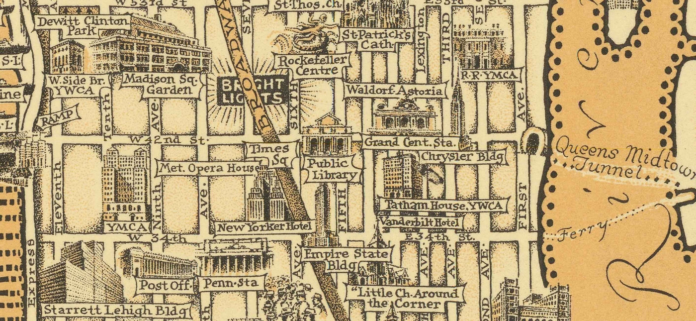 Old Pictorial Map of Manhattan & the Bronx, 1939 par E. Chase - Merrassement, gratte-ciel, River Hudson