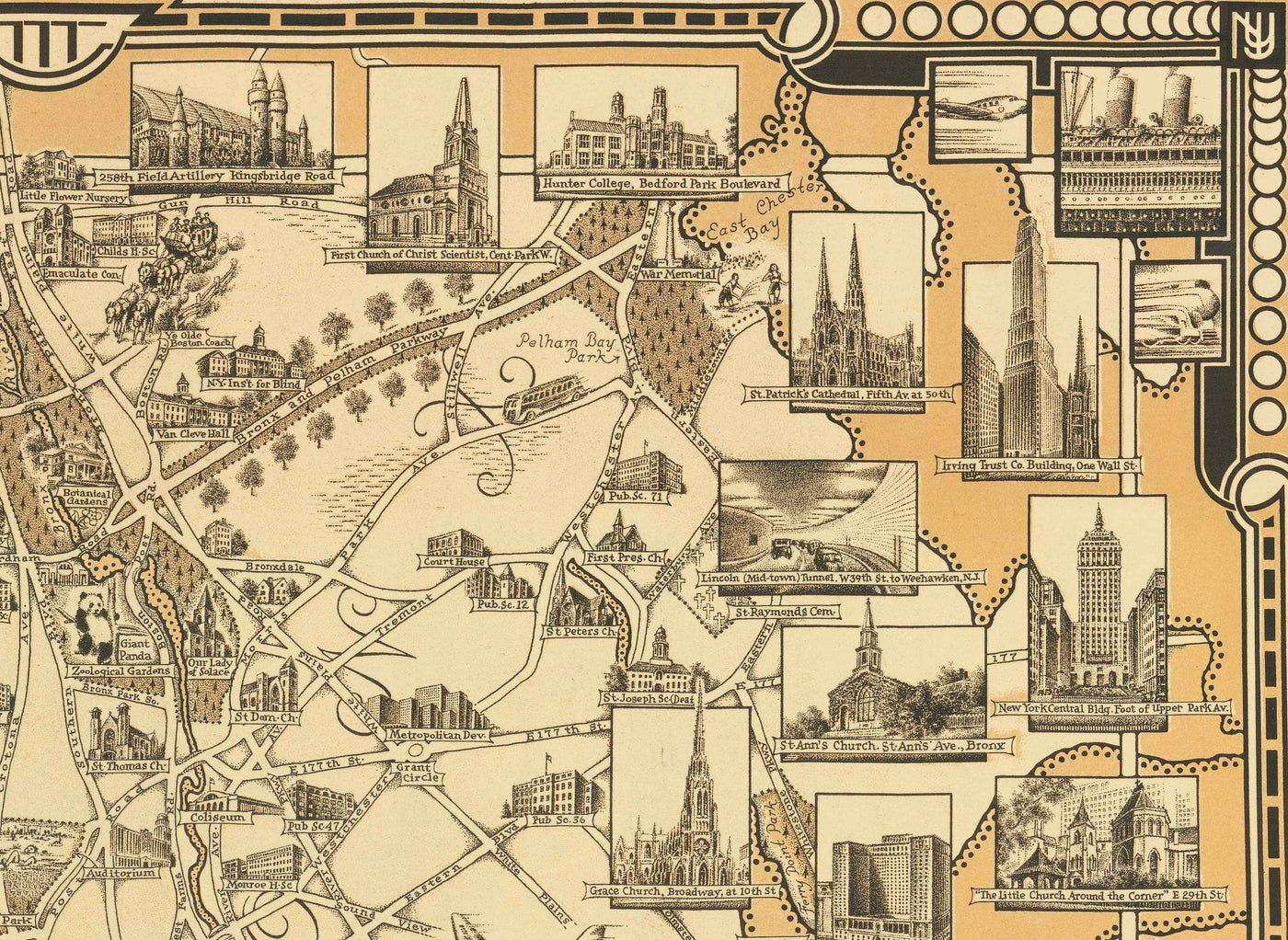 Old Pictorial Map of Manhattan & the Bronx, 1939 par E. Chase - Merrassement, gratte-ciel, River Hudson