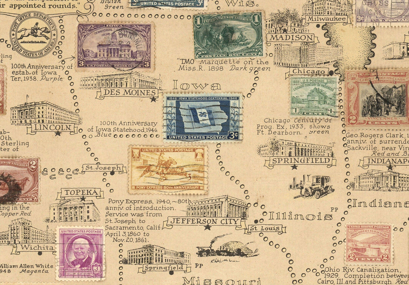 Old Stamp Map of the USA par E. Chase, 1949 - Historical United States Post Office - Présidents, points de repère, collectionneur