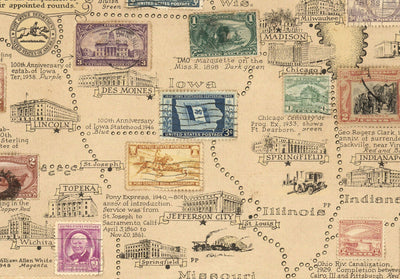 Old Stamp Map of the USA par E. Chase, 1949 - Historical United States Post Office - Présidents, points de repère, collectionneur
