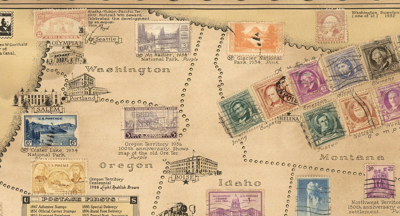 Old Stamp Map of the USA par E. Chase, 1949 - Historical United States Post Office - Présidents, points de repère, collectionneur