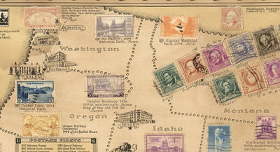 Old Stamp Map of the USA par E. Chase, 1949 - Historical United States Post Office - Présidents, points de repère, collectionneur