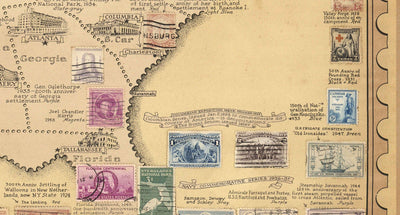 Old Stamp Map of the USA par E. Chase, 1949 - Historical United States Post Office - Présidents, points de repère, collectionneur