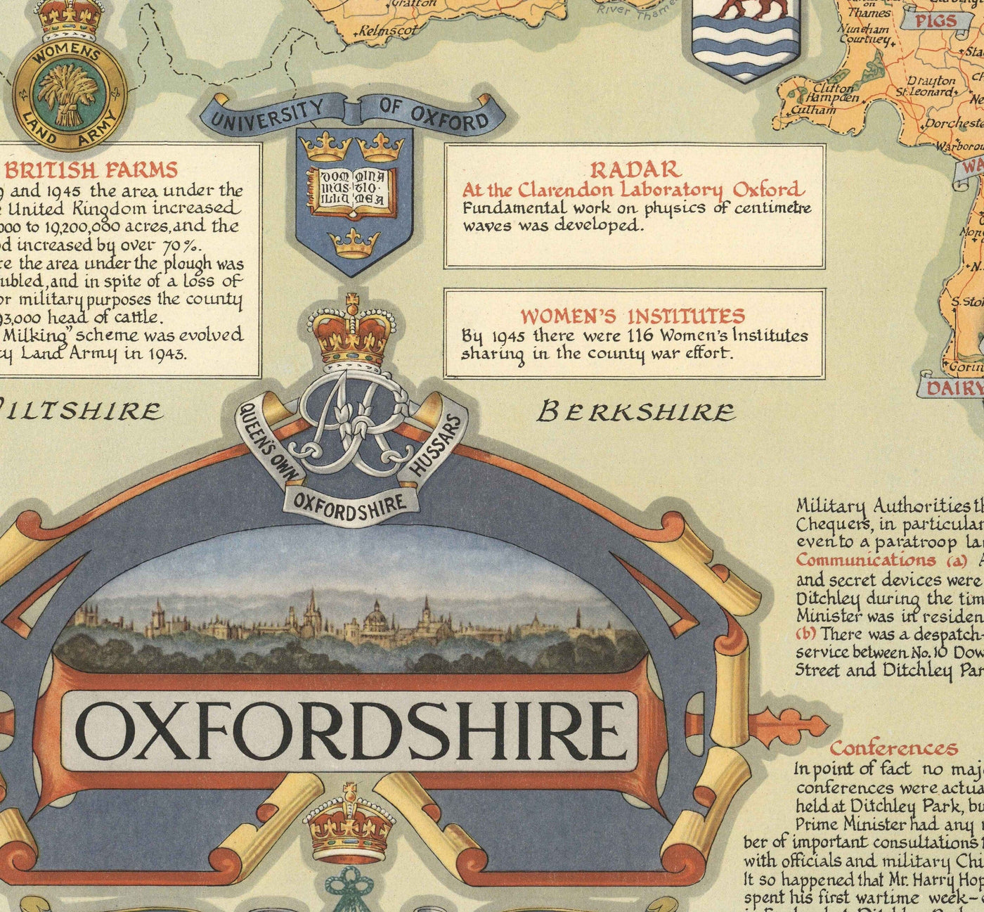 Old Map of Oxfordshire par Ernest Clegg, 1947 - Université d'Oxford, Blenheim Palace, Churchill, Bicester, Banbury