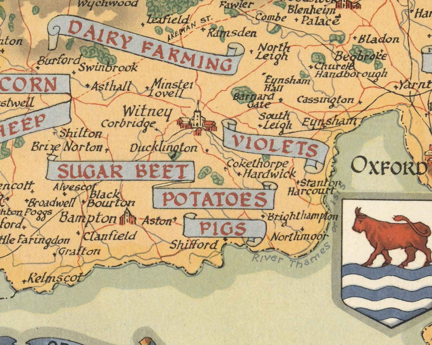 Old Map of Oxfordshire par Ernest Clegg, 1947 - Université d'Oxford, Blenheim Palace, Churchill, Bicester, Banbury