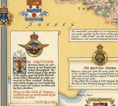 Antiguo mapa de Kent por Ernest Clegg, 1947 - Canterbury, Segunda Guerra Mundial, Churchill, Batalla de Inglaterra, Dover, Sevenoaks