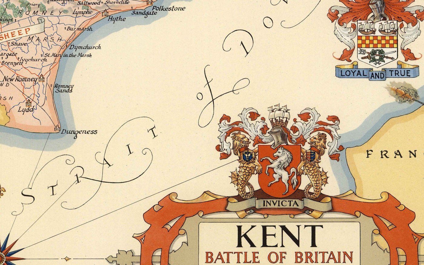 Antiguo mapa de Kent por Ernest Clegg, 1947 - Canterbury, Segunda Guerra Mundial, Churchill, Batalla de Inglaterra, Dover, Sevenoaks