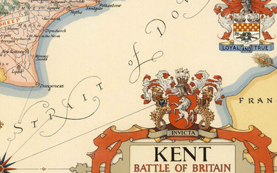 Antiguo mapa de Kent por Ernest Clegg, 1947 - Canterbury, Segunda Guerra Mundial, Churchill, Batalla de Inglaterra, Dover, Sevenoaks