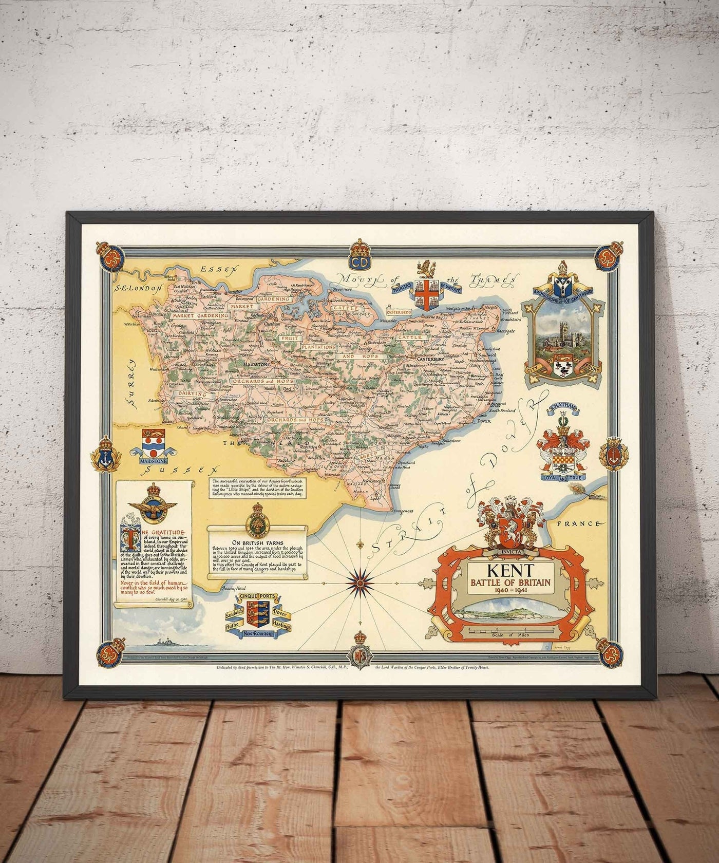 Antiguo mapa de Kent por Ernest Clegg, 1947 - Canterbury, Segunda Guerra Mundial, Churchill, Batalla de Inglaterra, Dover, Sevenoaks