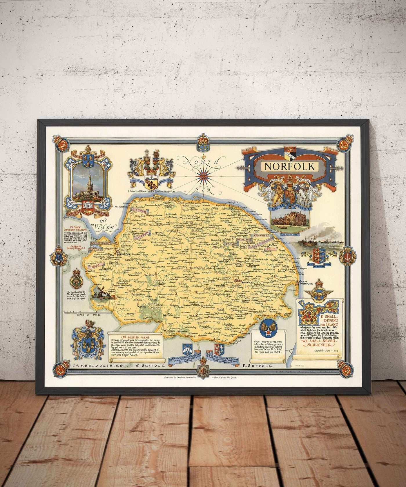 Ancienne carte du Norfolk par Ernest Clegg, 1945 - Sandringham, Norwich, Yarmouth, Winston Churchill, Lord Nelson, WW2
