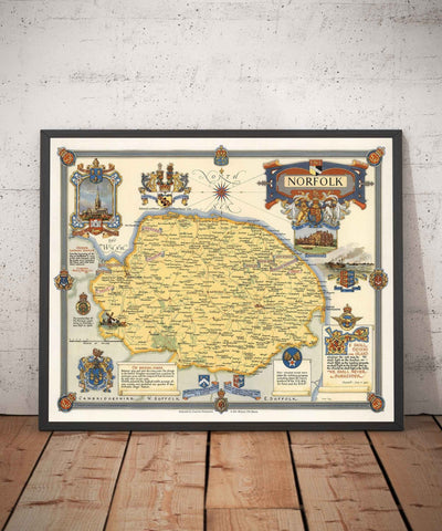 Ancienne carte du Norfolk par Ernest Clegg, 1945 - Sandringham, Norwich, Yarmouth, Winston Churchill, Lord Nelson, WW2