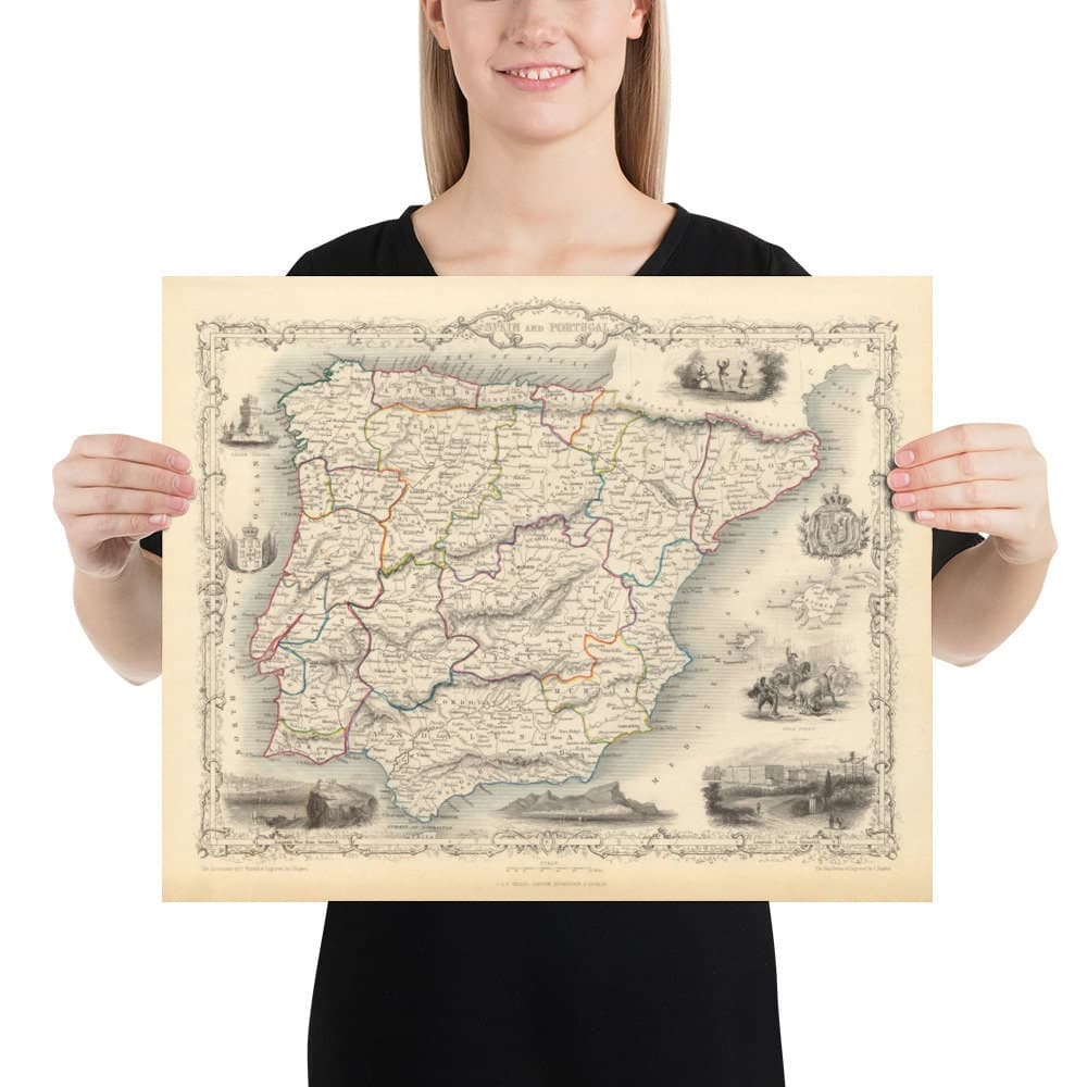 Mapa antiguo de España y Portugal, 1851 - Ilustraciones victorianas - Cataluña, Madrid, Lisboa, Gibraltar, Andalucía