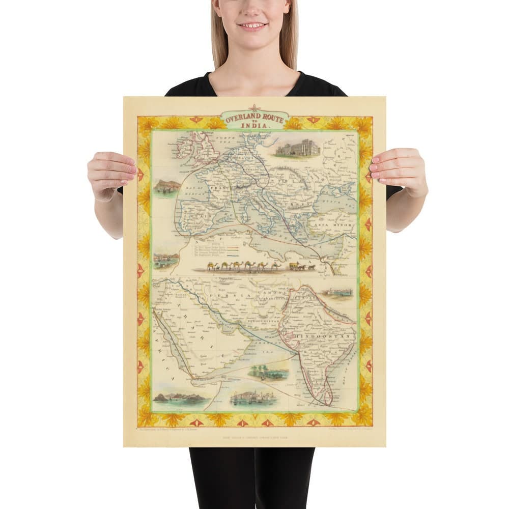 Old Mail Route Map: Europe to India, 1851 - British Empire Overland Trade - Suez, Camels, Red Sea, Arabia