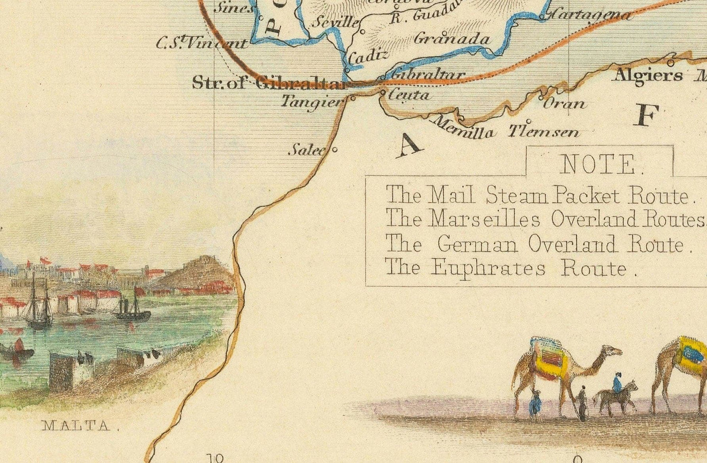 Old Mail Route Map: Europe to India, 1851 - British Empire Overland Trade - Suez, Camels, Red Sea, Arabia