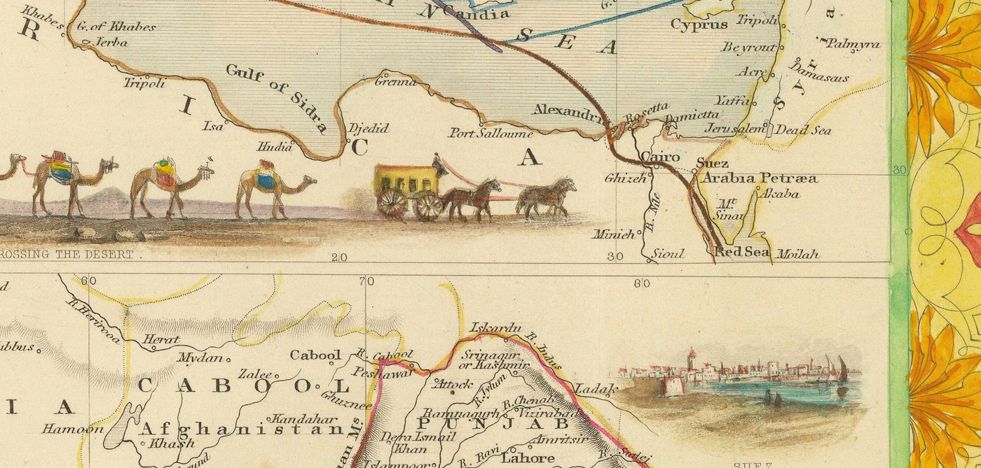 Old Mail Route Map: Europe to India, 1851 - British Empire Overland Trade - Suez, Camels, Red Sea, Arabia