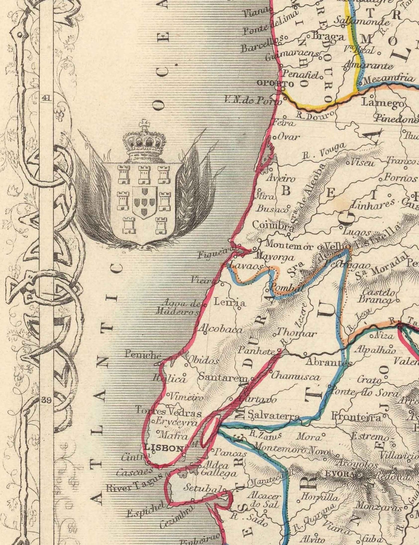 Mapa antiguo de España y Portugal, 1851 - Ilustraciones victorianas - Cataluña, Madrid, Lisboa, Gibraltar, Andalucía