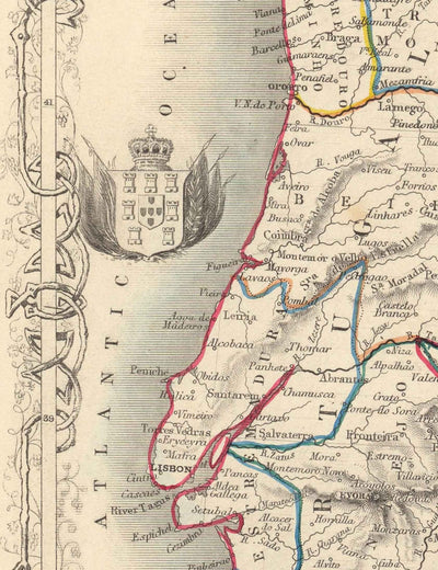 Mapa antiguo de España y Portugal, 1851 - Ilustraciones victorianas - Cataluña, Madrid, Lisboa, Gibraltar, Andalucía