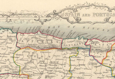 Mapa antiguo de España y Portugal, 1851 - Ilustraciones victorianas - Cataluña, Madrid, Lisboa, Gibraltar, Andalucía