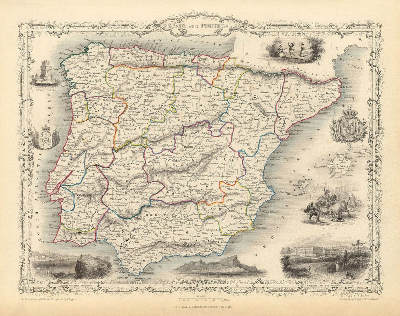 Mapa antiguo de España y Portugal, 1851 - Ilustraciones victorianas - Cataluña, Madrid, Lisboa, Gibraltar, Andalucía
