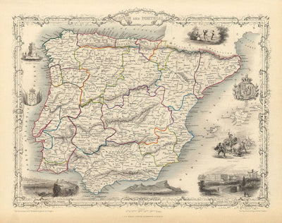 Mapa antiguo de España y Portugal, 1851 - Ilustraciones victorianas - Cataluña, Madrid, Lisboa, Gibraltar, Andalucía