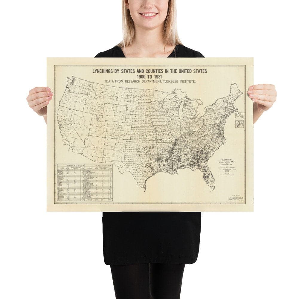 Old Map of Lynchings in America, 1900-1931 - Afro-American Racial Injustice, Deep South USA, Jim Crow, KKK